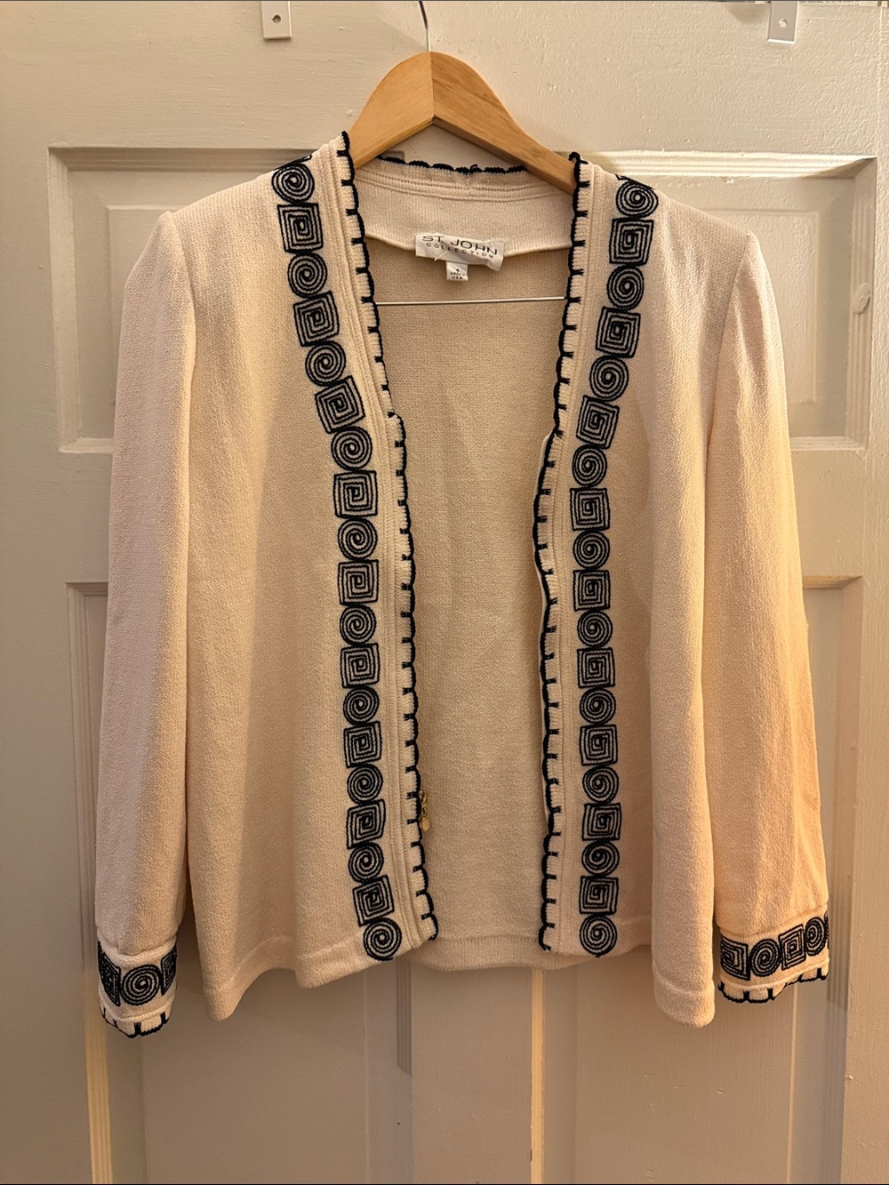 Vintage St. John Cream Embroidered Open-Front Sweater Jacket